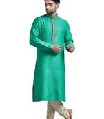Green Bhaghalpuri Kurta Set With Machine Embroidery On Placket Patti And Collar