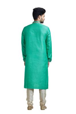 Green Bhaghalpuri Kurta Set With Machine Embroidery On Placket Patti And Collar 2