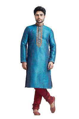 Blue Poly Silk Kurta Set With Mahine Embroidery Near The Placket Patti And Coring On Th Collar With Stone Buttons 1