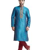 Blue Poly Silk Kurta Set With Mahine Embroidery Near The Placket Patti And Coring On Th Collar With Stone Buttons