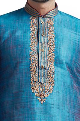 Blue Poly Silk Kurta Set With Mahine Embroidery Near The Placket Patti And Coring On Th Collar With Stone Buttons 3
