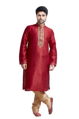 Red Poly Silk Kurta Set With Mahine Embroidery Near The Placket Patti And Coring On Th Collar With Stone Buttons 1
