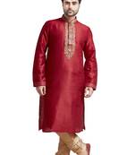 Red Poly Silk Kurta Set With Mahine Embroidery Near The Placket Patti And Coring On Th Collar With Stone Buttons