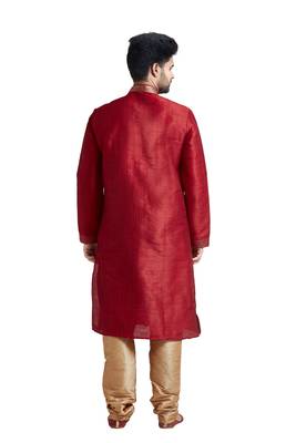 Red Poly Silk Kurta Set With Mahine Embroidery Near The Placket Patti And Coring On Th Collar With Stone Buttons 2