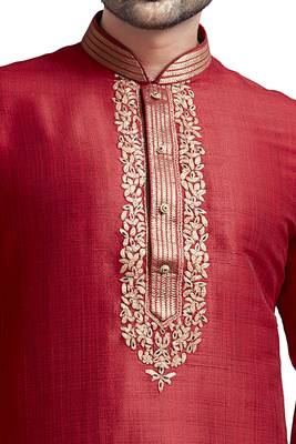 Red Poly Silk Kurta Set With Mahine Embroidery Near The Placket Patti And Coring On Th Collar With Stone Buttons 3