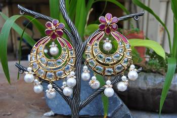 Floral Ruby Gold Chand Bali Earrings 1