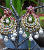 Floral Ruby Gold Chand Bali Earrings