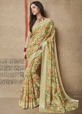 Green printed linen cotton saree with blouse 1