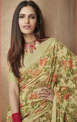 Green printed linen cotton saree with blouse 2