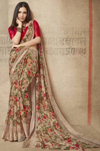 Brown printed linen cotton saree with blouse