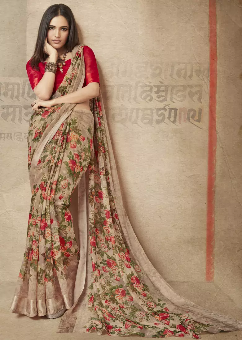 Brown printed linen cotton saree with blouse