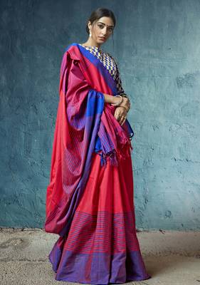Red printed linen cotton saree with blouse 1