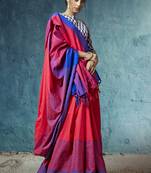 Red printed linen cotton saree with blouse
