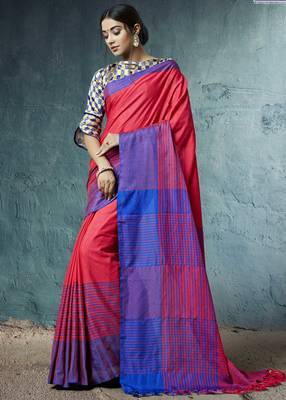 Red printed linen cotton saree with blouse 2