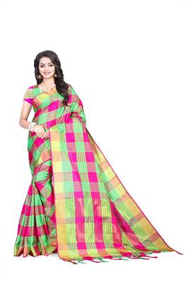 Pink plain art silk saree with blouse 1