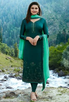 Teal embroidered satin salwar with dupatta 1