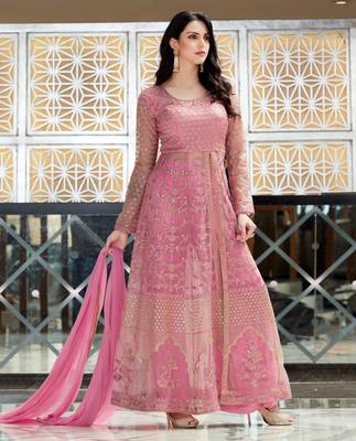 Pink embroidered net salwar with dupatta 1