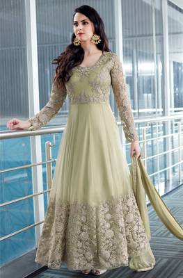 Sea-green embroidered net salwar with dupatta 1