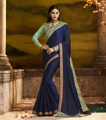 Blue embroidered faux matka silk saree with blouse 1