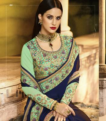Blue embroidered faux matka silk saree with blouse 2