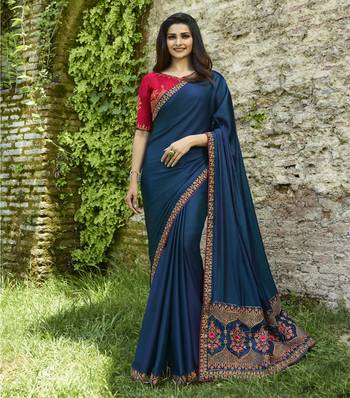 Blue embroidered faux matka silk saree with blouse 1