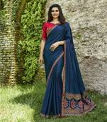 Blue embroidered faux matka silk saree with blouse