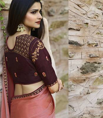 Pink embroidered faux matka silk saree with blouse 2