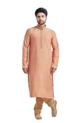 Peach Poly Stapel Kurta Set With Cording With Three Colour Collar Patti With Gundi Buttons 1