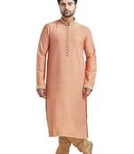 Peach Poly Stapel Kurta Set With Cording With Three Colour Collar Patti With Gundi Buttons