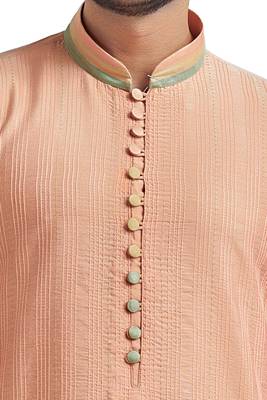 Peach Poly Stapel Kurta Set With Cording With Three Colour Collar Patti With Gundi Buttons 2