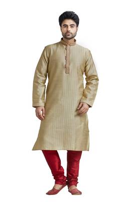 Khakhi Poly Blended Kurta Set With Macine Embroidery On Collar And Placket Patti And Cording All Over The Kurta 1