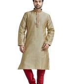 Khakhi Poly Blended Kurta Set With Macine Embroidery On Collar And Placket Patti And Cording All Over The Kurta