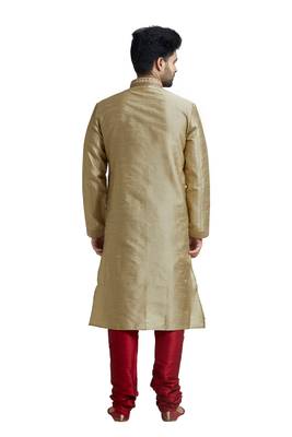 Khakhi Poly Blended Kurta Set With Macine Embroidery On Collar And Placket Patti And Cording All Over The Kurta 2