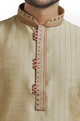 Khakhi Poly Blended Kurta Set With Macine Embroidery On Collar And Placket Patti And Cording All Over The Kurta 3
