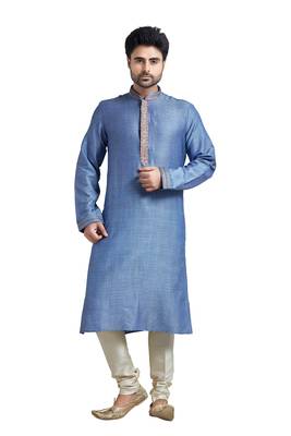 Blue Bhaghalpuri Kurta Set With Machine Embroidery On Placket Patti And Collar 1