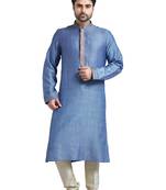 Blue Bhaghalpuri Kurta Set With Machine Embroidery On Placket Patti And Collar