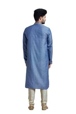 Blue Bhaghalpuri Kurta Set With Machine Embroidery On Placket Patti And Collar 2