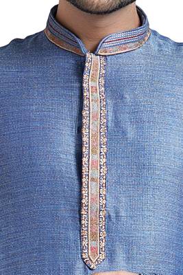 Blue Bhaghalpuri Kurta Set With Machine Embroidery On Placket Patti And Collar 3