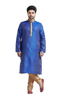 Blue Jacquard Kurta Set With Machine Embroidery On The Placket Patti And Collar With Gundi Buttons 1