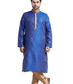Blue Jacquard Kurta Set With Machine Embroidery On The Placket Patti And Collar With Gundi Buttons