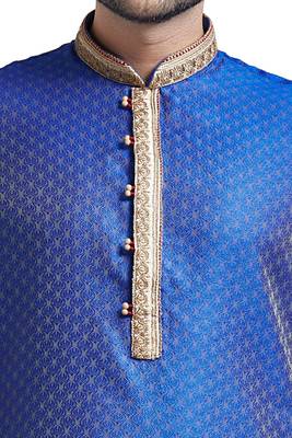Blue Jacquard Kurta Set With Machine Embroidery On The Placket Patti And Collar With Gundi Buttons 3