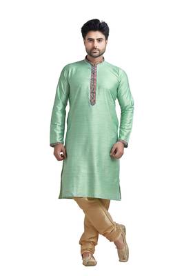 Green Plain Bhaghalpuri Kurta Set With Printed Patti On Collar And Placket With Gundi Buttons 1