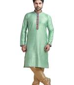 Green Plain Bhaghalpuri Kurta Set With Printed Patti On Collar And Placket With Gundi Buttons