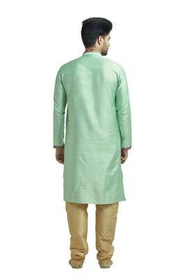 Green Plain Bhaghalpuri Kurta Set With Printed Patti On Collar And Placket With Gundi Buttons 2