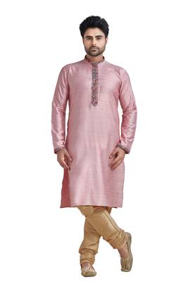 Pink Plain Bhaghalpuri Kurta Set With Printed Patti On Collar And Placket With Gundi Buttons 1