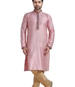 Pink Plain Bhaghalpuri Kurta Set With Printed Patti On Collar And Placket With Gundi Buttons
