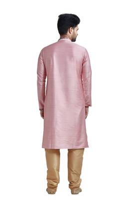 Pink Plain Bhaghalpuri Kurta Set With Printed Patti On Collar And Placket With Gundi Buttons 2