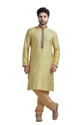Yellow Plain Bhaghalpuri Kurta Set With Printed Patti On Collar And Placket With Gundi Buttons 1