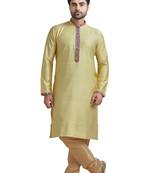 Yellow Plain Bhaghalpuri Kurta Set With Printed Patti On Collar And Placket With Gundi Buttons