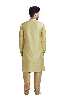 Yellow Plain Bhaghalpuri Kurta Set With Printed Patti On Collar And Placket With Gundi Buttons 2